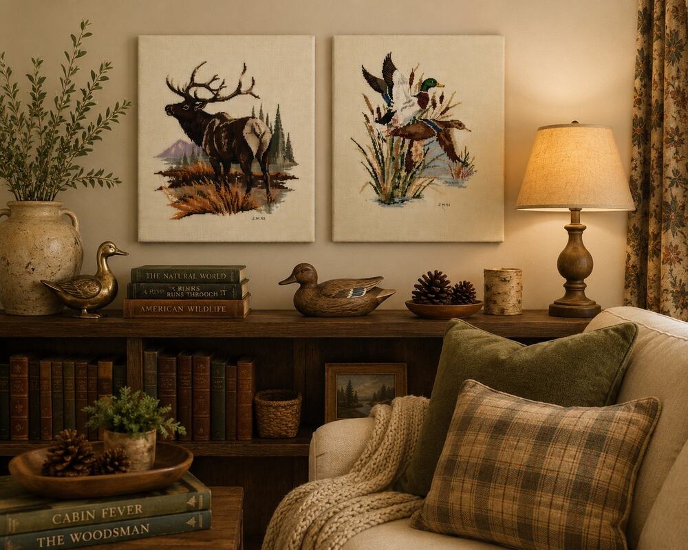 Vintage Framed Wildlife Needlepoint Pair Deer & Ducks Cabin Lodge Wall Art Decor